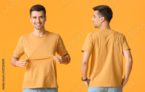 Man in stylish t-shirt on color background