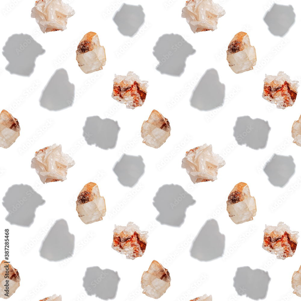 Seamless regular pattern with stone calcite mineral with shadow. Natural mineral rock specimen. Seamless regular pattern with stone calcite mineral with shadow. Natural mineral rock specimen.