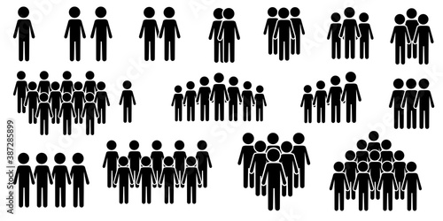 Vector icons of silhouettes of groups of people. Command symbol. Black team infographics. Stock image. EPS 10.