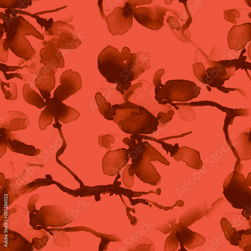 Cherry Blossoms Seamless. Sakura Ornament. Red 