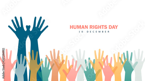 Human right day concept. International peace. Freedom symbol. Hand gestures design like bird-shaped and decor with hands many raised on white background. Flat design. Vector illustration.