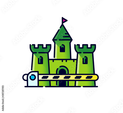 Medieval castle with a gate. No entry and exit icon. Allegory and metaphor of the restricted area. Outline flat style. Illustration for website or print.