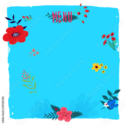Blue floral background for text. Flora on a square. Design template for letters, menus and packaging.