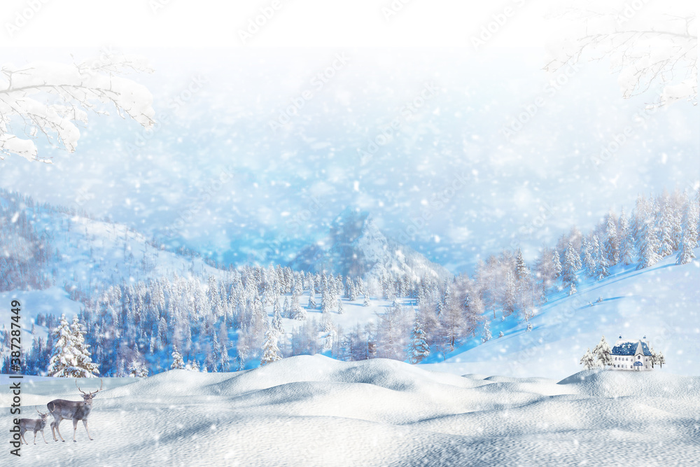 Winter Christmas Landscape with snow covered hills, deer, fir trees. winter snowy landscape. Holiday winter landscape for Merry Christmas with firs, coniferous forest, snow. Christmas scene. Happy new