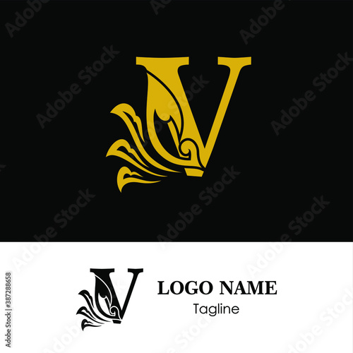 V Initial letter luxury beauty flourishes leaves ornament logo template