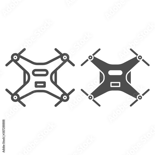 Robot Quadcopter line and solid icon, Robotization concept, aerial drone for photography or video surveillance sign on white background, Quadcopter icon in outline style for mobile. Vector graphics.