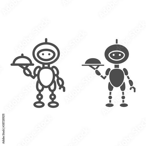 Robot waiter line and solid icon, Robotization concept, Future restaurant service sign on white background, Waiter robot with covered plate icon in outline style for mobile and web. Vector graphics.
