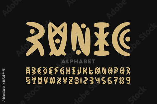 Runic style font design, alphabet letters and numbers vector illustration