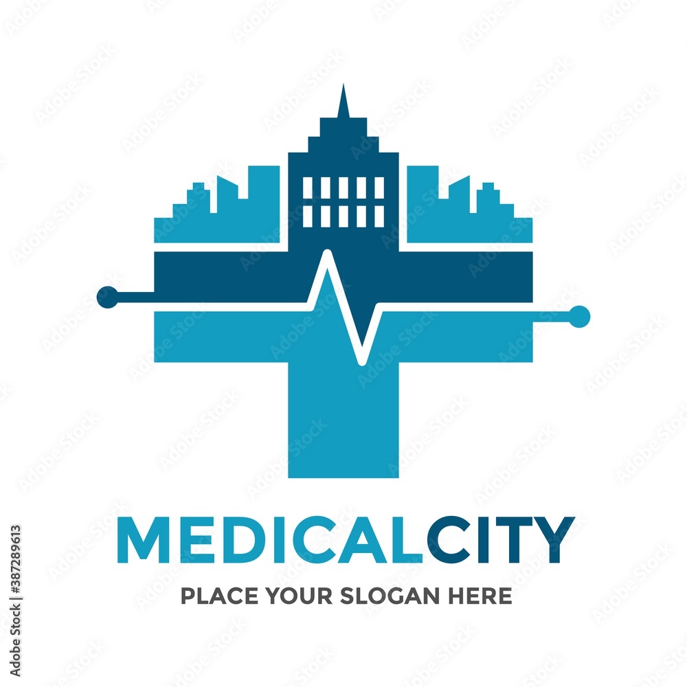 Medical city vector logo template. This design use town and cross symbol. Suitable for healthy life.