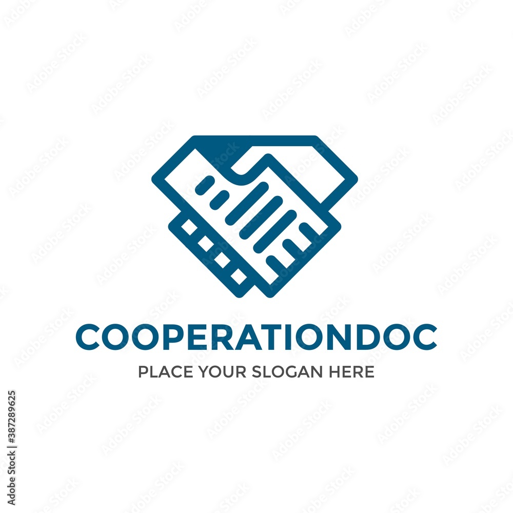 Cooperation document vector logo template with book and hand shake symbol