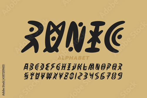 Runic style font design, alphabet letters and numbers vector illustration