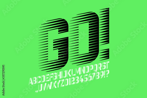 Speed style sport font, alphabet letters and numbers vector illustration
