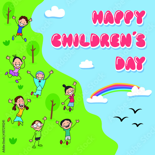 Happy Children's Day celebration design illustration vector Background Banner. International Friendship Children Kid outdoor activity