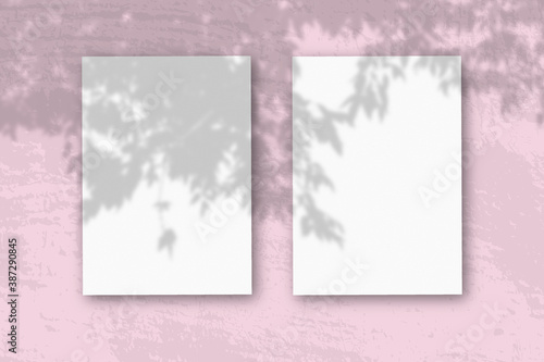 3 vertical sheets of textured white paper on soft pink table background. Mockup overlay with the plant shadows. Natural light casts shadows from an branch of Apple . Horizontal orientation