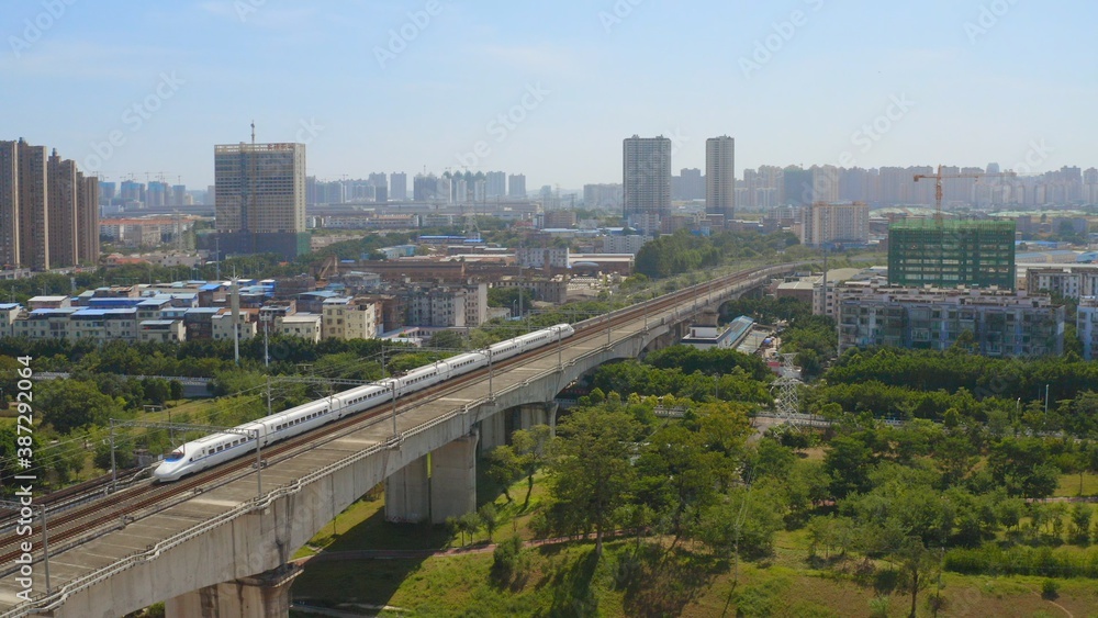 aerial view of railway bridge and trian  