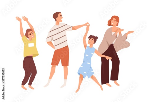 Cute happy family dancing. Joyful children and parents spend time together. M...