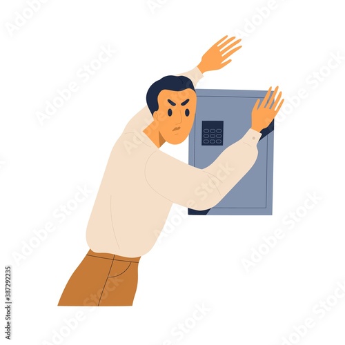 Young angry man protecting closed vault. Protection of money concept. Scared rich person near metal safe, bank strongbox. Flat vector cartoon illustration isolated on white background