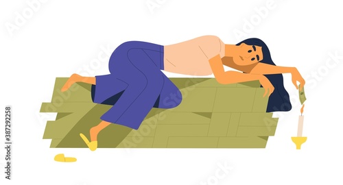 Apathetic young woman lying on large pile of money and burning banknotes in candle. Unhappy rich female character waste cash. Concept of richness. Flat vector cartoon illustration isolated on white