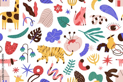 Modern contemporary seamless pattern with animals, flowers and leaves, geometrical shapes. Abstract trendy endless background. Vector illustration in flat cartoon style