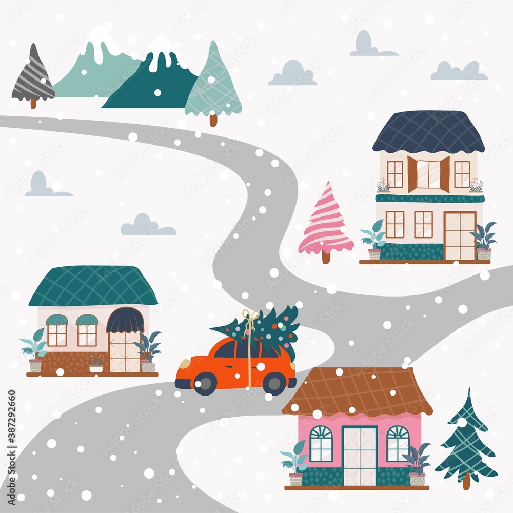 Christmas village with scenery winter landscape, suitable for christmas gift or greeting card
