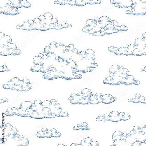 Seamless pattern with fluffy clouds or cumulus. Drawing of cloudy sky. Monoch...