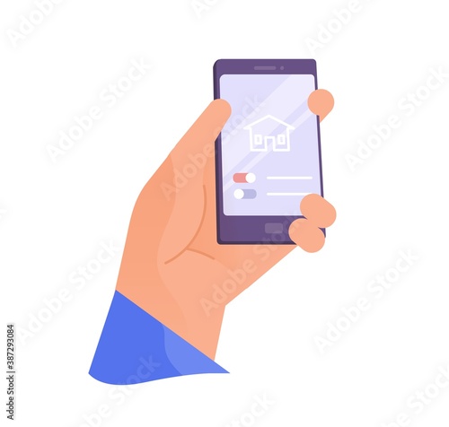 Male or female cartoon hand hold phone with interface of smart home application. Modern wireless technology of house assistant. Flat vector illustration of smartphone app isolated on white background