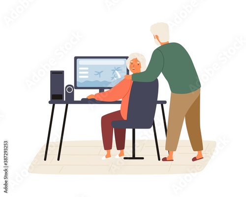 Elderly couple plan vacation trip together. Pensioners searching for tour at computer. Senior family looking for flight tickets. Flat vector cartoon illustration isolated on white