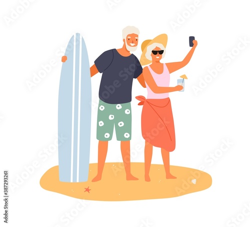 Elderly couple taking selfie on summer beach. Cheerful grandparents having summer vacation together. Husband with surfboard hug wife with cocktail. Flat vector cartoon illustration isolated on white