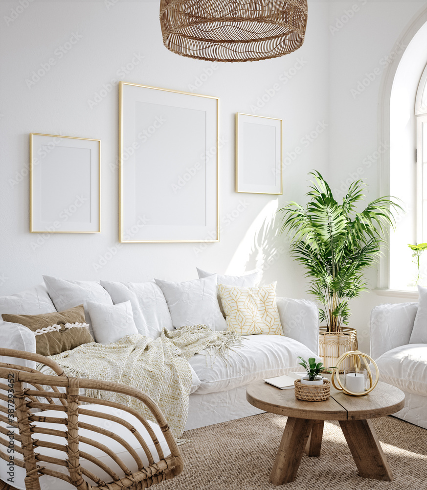 Fototapeta premium Mockup frame in living room interior background, Coastal Boho style, 3d render