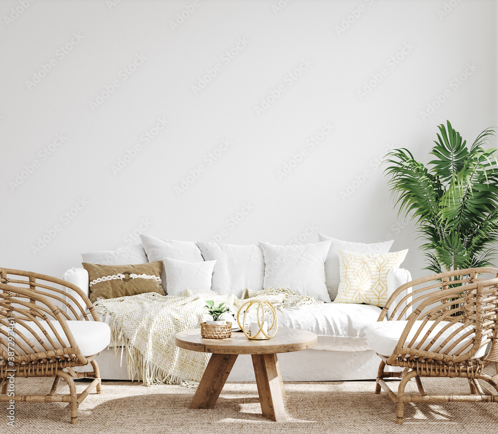 White cozy living room interior, Coastal Boho style, 3d render  - obrazy, fototapety, plakaty 