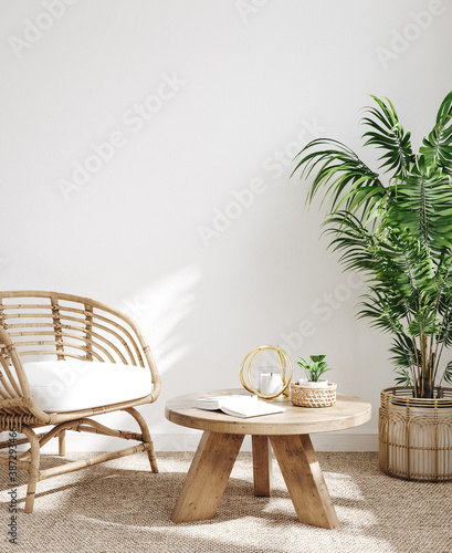 White cozy living room interior, Coastal Boho style, 3d render 