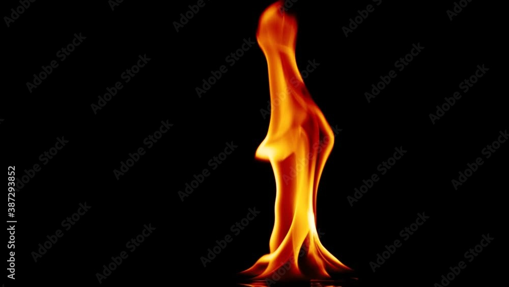 Isolated real fire flame igniting and burning on black background in slow motion Isolated real fire flame igniting and burning on black background in slow motion
