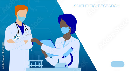 Student, medical scientist in white coat conducts research with mentor. Training, exchange of experience. Liquid drips into test tube. Scientific research in field of medicine. Vector