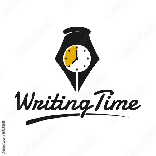 Writing time vector logo template. This design use pen and clock symbol.  Suitable for business management. 