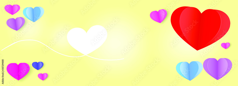 Valentine's Day, Creative paper cut heart decorated glossy green background. with copy space. Web banner frame