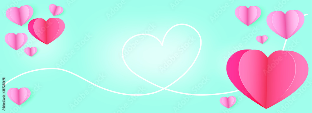 Valentine's Day, Creative paper cut heart decorated glossy Blue background. with copy space. Web banner frame