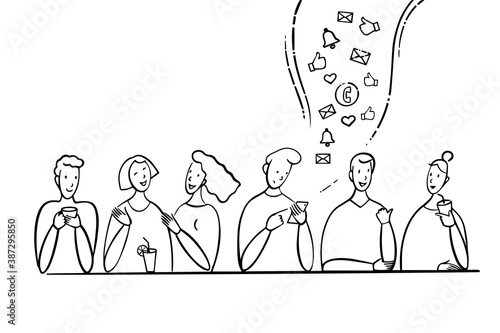 Hand drawn sketch, modern life of young people. Life with smartphones. phone addiction