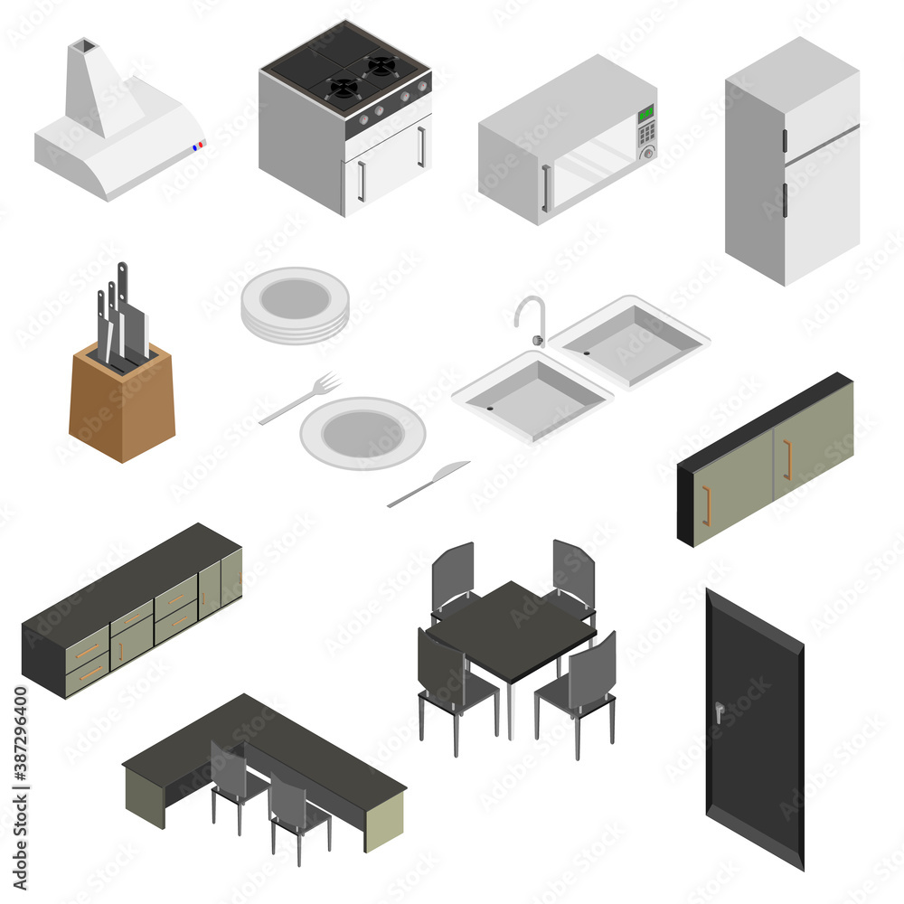 set of buildings funitue kitchen room isomectric house