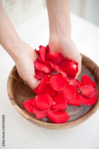 水に浮かべたバラの花びらをすくう女性の手