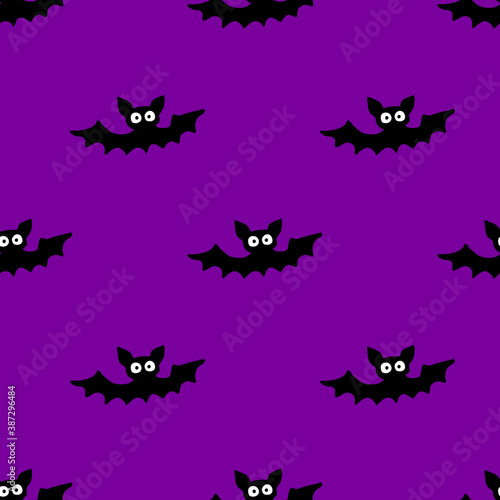 Flying bats seamless pattern. Cute Spooky vector Illustration. Halloween backgrounds and textures in flat cartoon gothic style. Black silhouettes animals on night sky