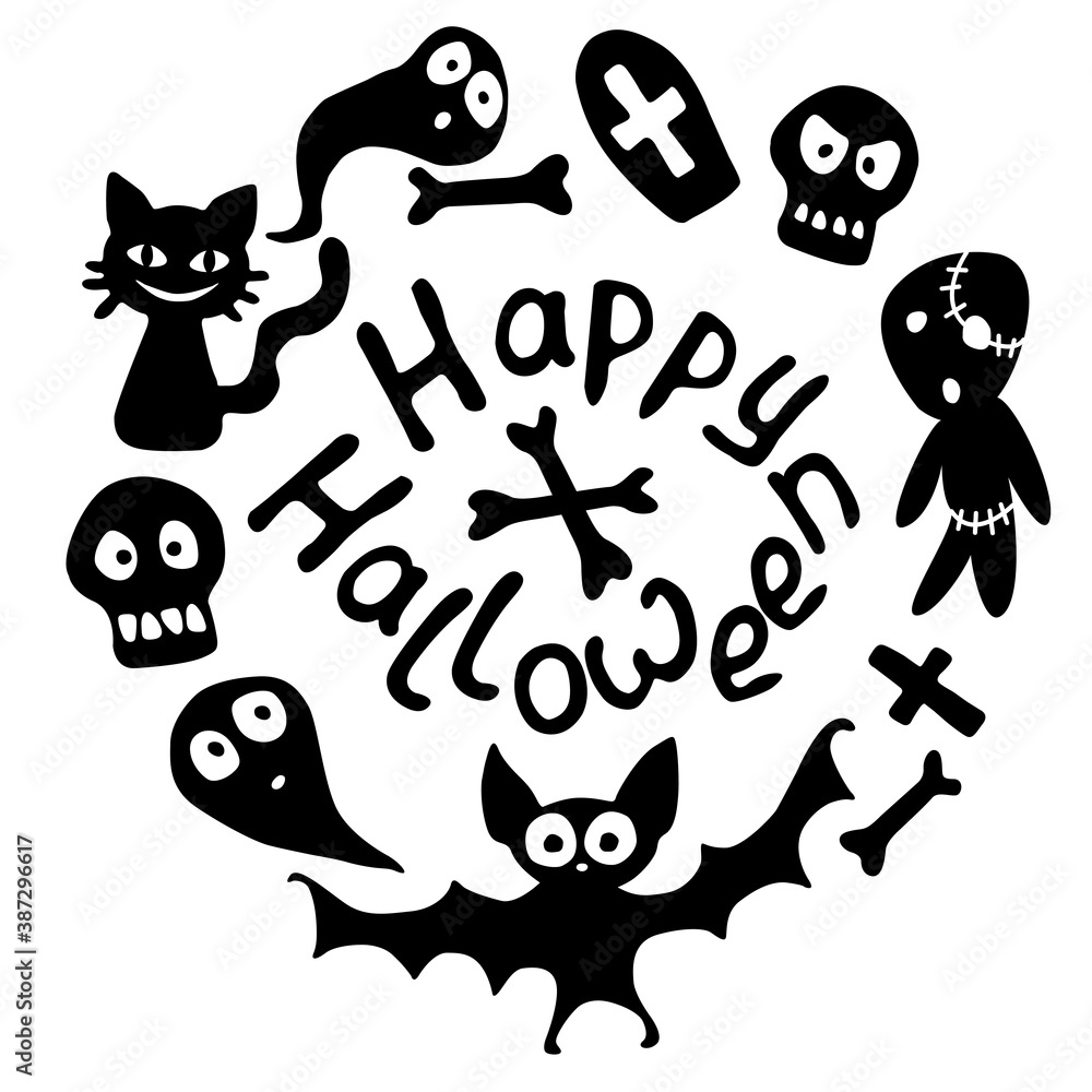 Happy Halloween-lettering and round frame with holiday characters-cat, zombie, bones, skulls, bat, ghosts. Festive border, background or title for greeting card, invitation, party, poster, banner