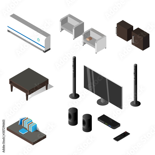 isometric living room furniture 3d set home teater photo