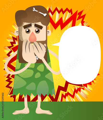 Cartoon caveman with hands over mouth. Vector illustration of a man from the stone age.