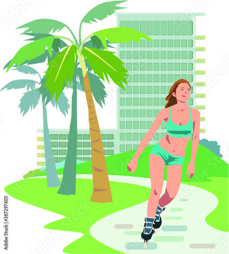 Young girl enjoy rollerblading in the park. background palm and building