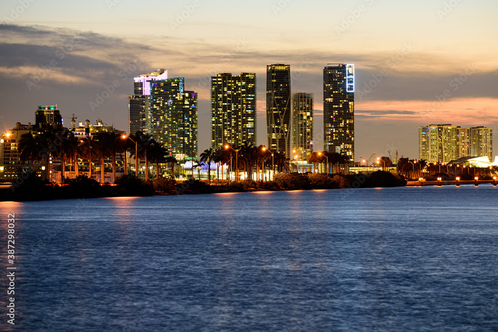 Fototapeta premium Miami night. City of Miami, night panorama of downtown business skyscrapers.