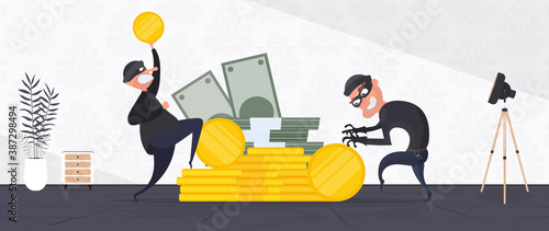 Two robbers steal gold coins. Two thieves steal money. A mountain of gold coins, bundles of money, dollars. Robbery and security concept. Vector.