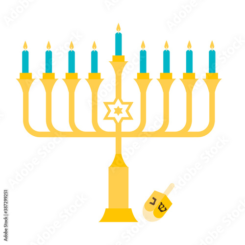 Hanukkah, the Jewish Festival of Lights, festive background with menorah and golden lights. Golden, beige and turquose colors. Vector illustration