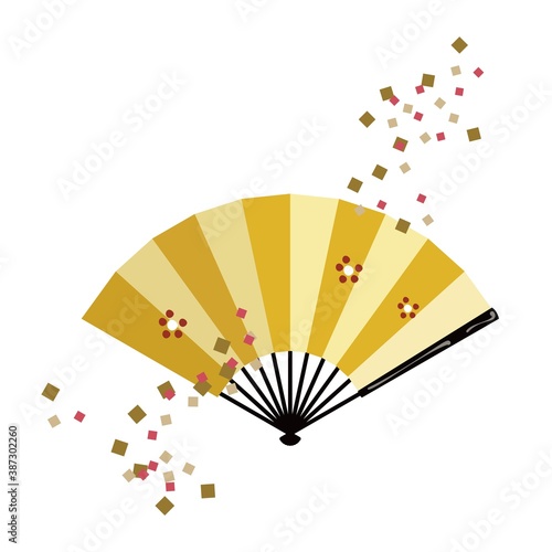 梅の花柄の金色の扇と紙吹雪