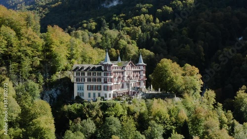 Panoramic View Of Grandhotel Giessbach In Brienz, Switzerland During Autumn - Surrounded By Mountain Forests With Breathtaking Views Of The Lake Brienz Landscape - aerial drone