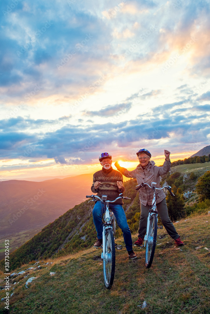 Fototapeta premium Happy senior couple riding bicycles at park and raising hands